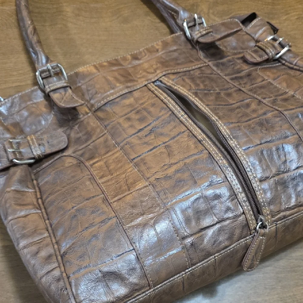Multisac Brown Crocodile Embossed Handbag Large Size‎ Multipockets